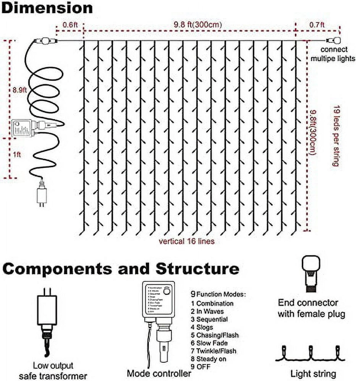 MAGGIFT LED Curtain String Lights, Halloween Descoration, 8 Modes with Remote, Plug-in Fairy Lights for Easter Decor, Bedroom, Window, Wedding, Cool White, 304 LEDs, 9.8 x 9.8 FT