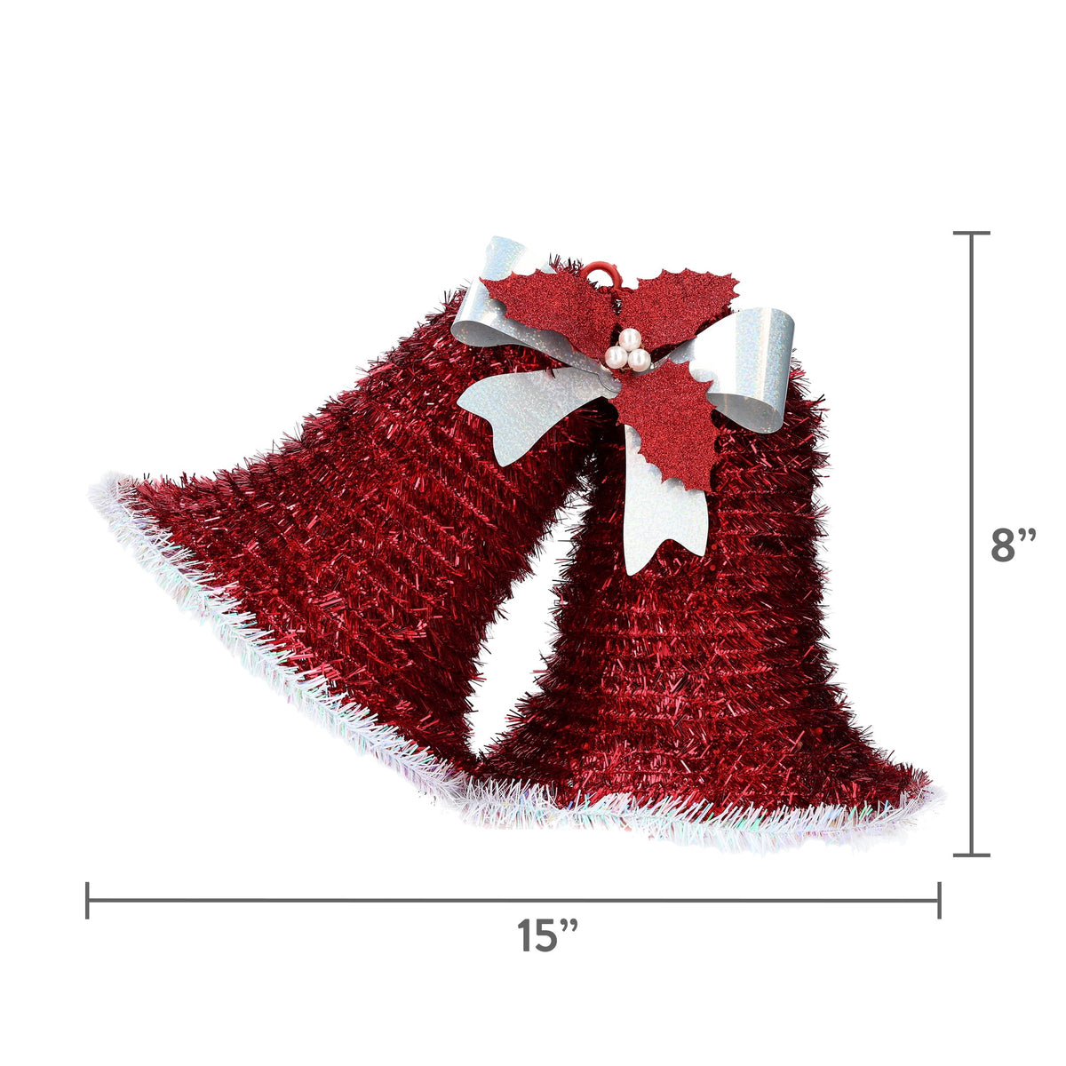 Tinsel Double Bells Christmas Decoration, Red and White, 8", by Holiday Time