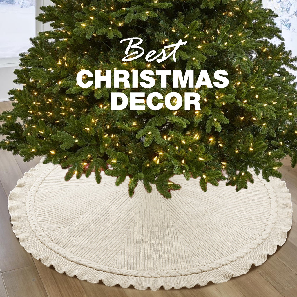 Ayieyill Christmas Tree Skirt, 48 inches Cable Knit Knitted Thick Rustic Xmas Tree Skirts Decoration, Red Tree Skirt Christmas Decoration, Burgundy