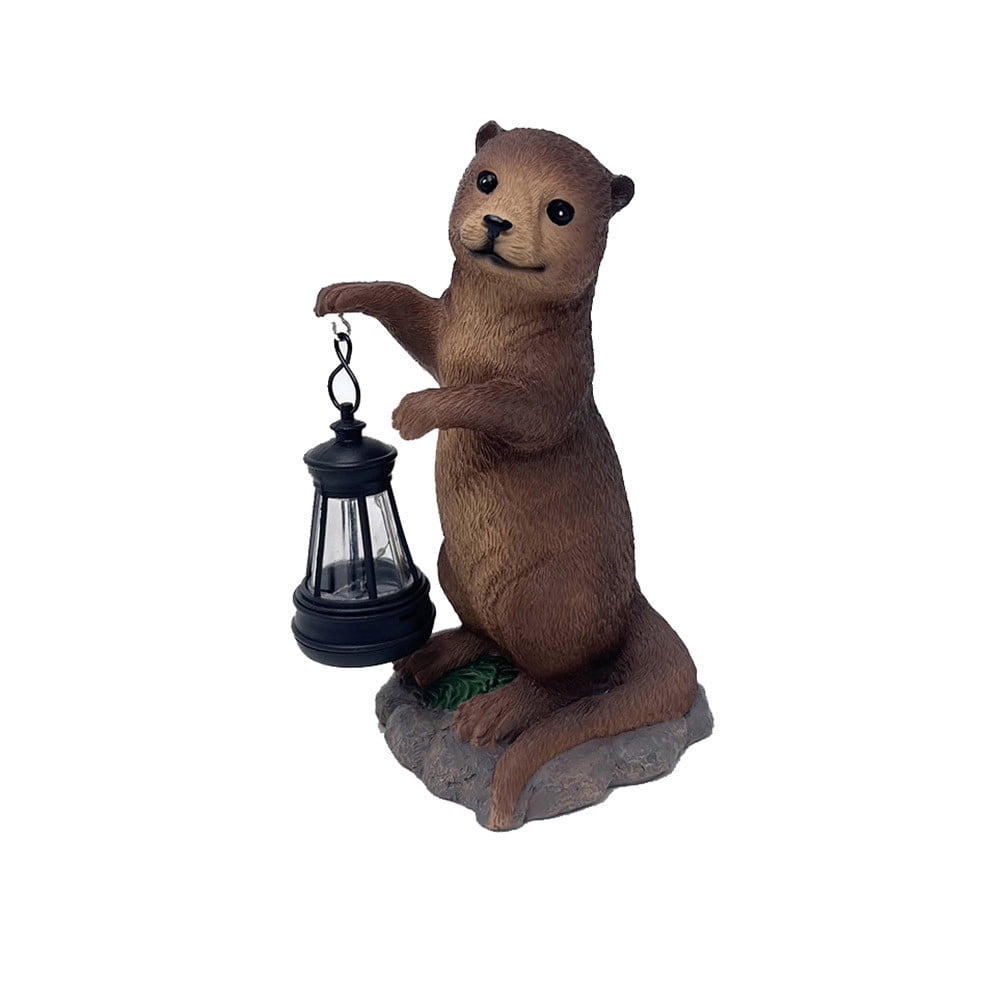Solar Powered Resin Otters Lantern IP44 Waterproof Outdoor Decorative Light Warm Ambient Lighting Auto On/Off Handcrafted Statue for Garden Patio Yard Lawn Pathway Holiday Gift for Plant Lovers