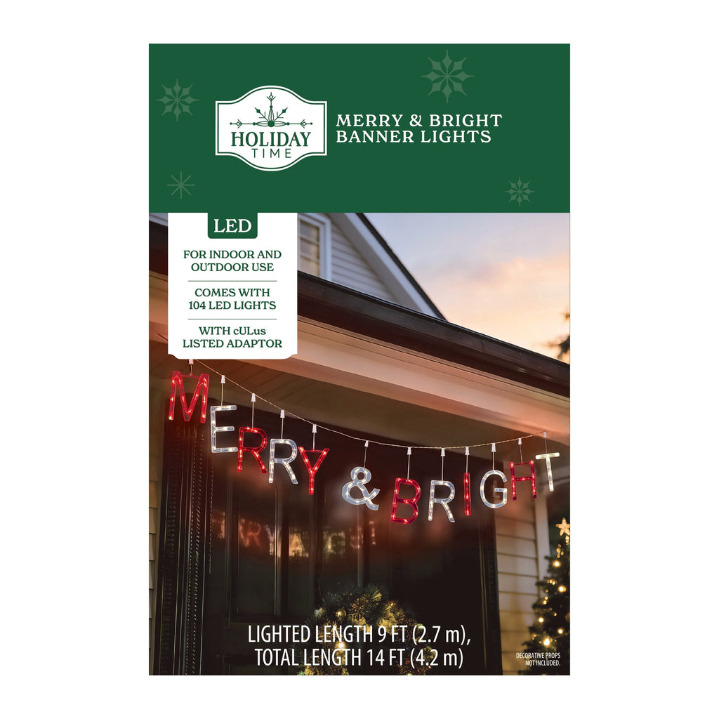 Indoor/Outdoor Light-Up Merry and Bright Christmas Banner with 104 LED Lights, Red and Warm White, 9', by Holiday Time