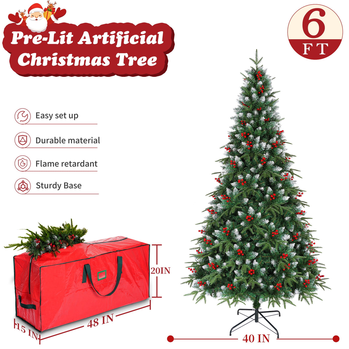 Yexmas 7.5ft Pre-Lit Artificial Christmas Trees,Green Xmas Tree with Large Christmas Tree Storage Bag,Berries, Realistic Artificial Christmas Trees for Home, Office, Party Decoration