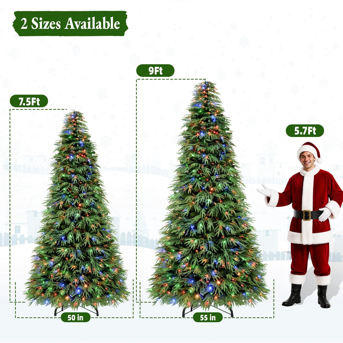 VIVATREES 7.5FT Premium Christmas Tree Pre-Lit Artificial Xmas with 550 Multi Color LED Lights, 5582 PVC PE Hinged Branch Tips Metal Base for Holiday Decor
