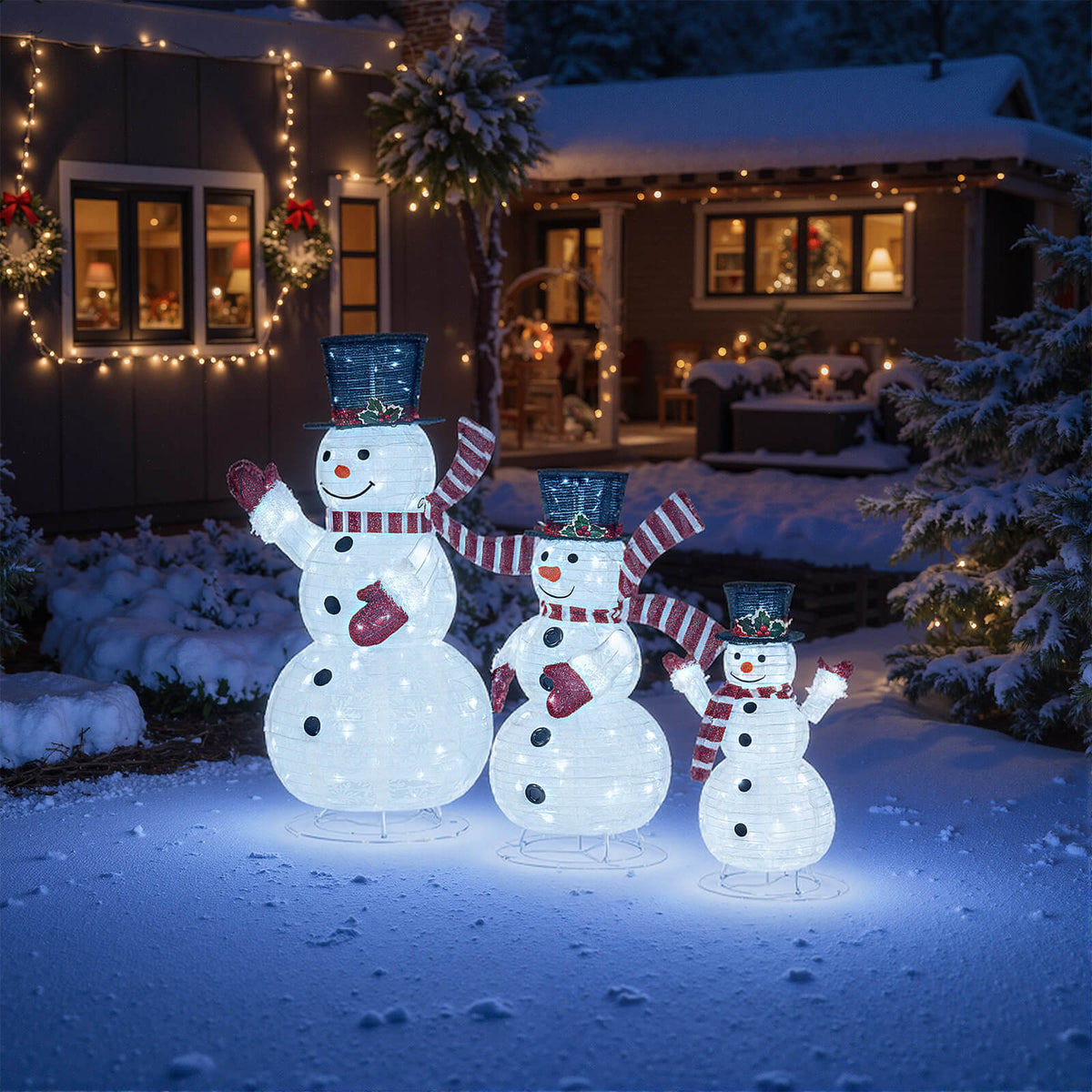 Costway 3PCS Pre-Lit 3D Snowman Set with 270 LED Lights for Home Lawn Yard Garden Plug in