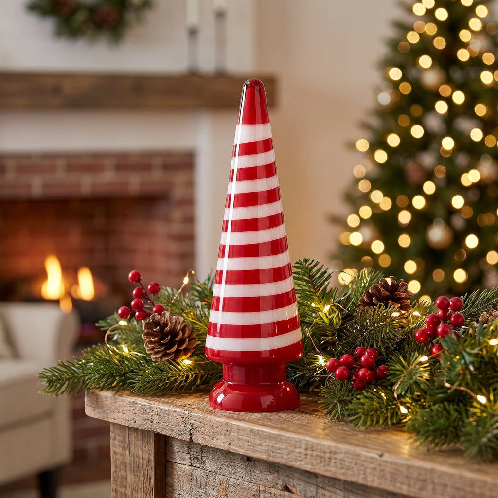 Large Striped Glass Tree Christmas Decoration, Red and White, 13", by Holiday Time
