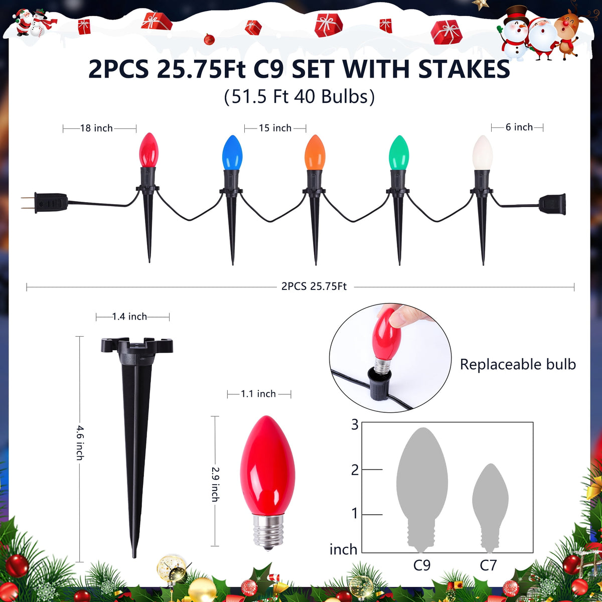 ALLJOY 2 Pack Total 51.5 Ft 40 Bulbs C9 Christmas Pathway Lights with Stakes, Outdoor Christmas String Lights,Christmas Decorations for Yard Walkway Sidewalk, Halloween& Christmas Lights