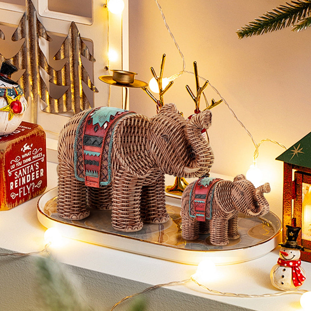Ayieyill 5PCS Tree and Reindeer Decoration, Christmas Tree Reindeer Figurines, Christmas Decortion Indoor (Rose Gold)