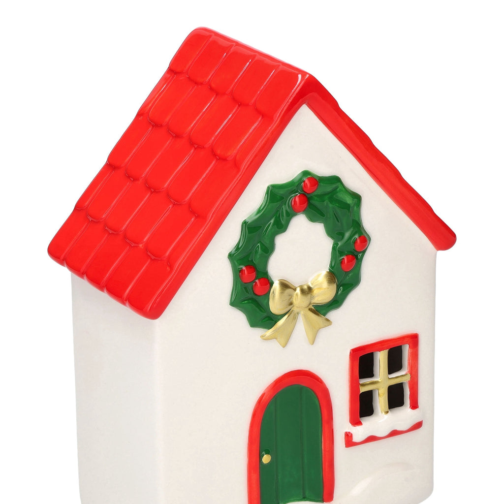 Ceramic House with Wreath Christmas Decoration, Red/White/Green, 8", by Holiday Time