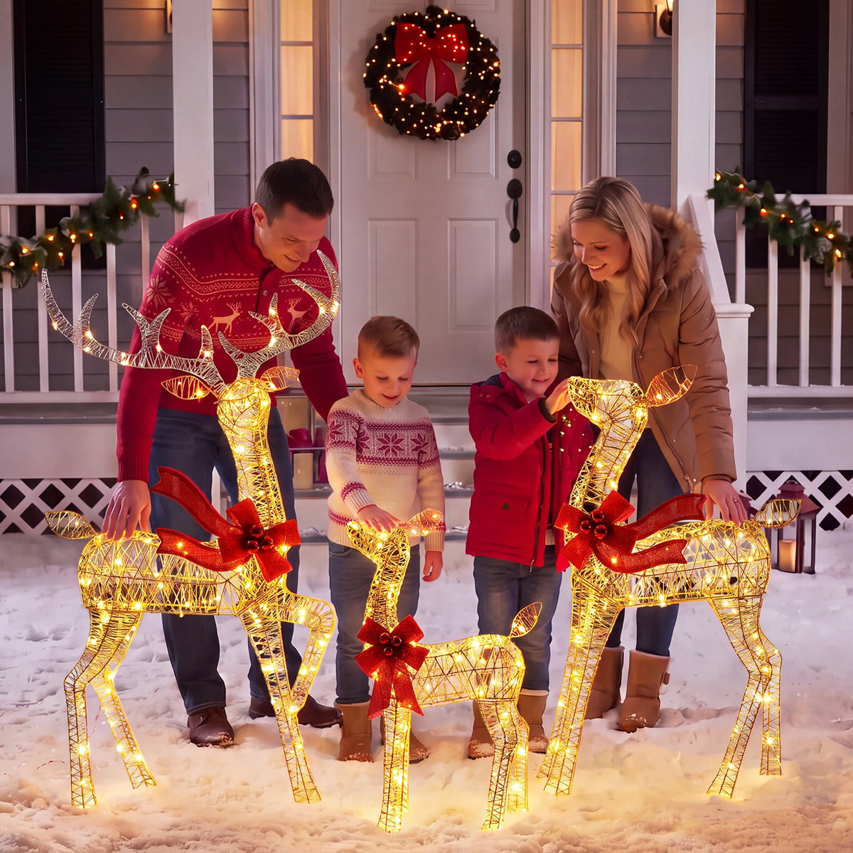 FOOWIN 3-Piece Large Christmas Deer Family, Lighted Outdoor Christmas Decoration, Champagne Gold