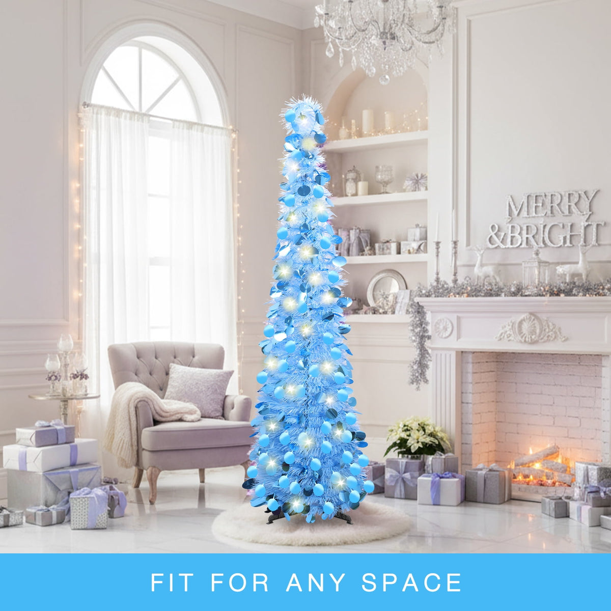 Ayieyill 5ft Pencil Christmas Tree, Collapsible Xmas Tree with Lights, Pop Up Tinsel Tree for Christmas Decorations Indoor, Pink White
