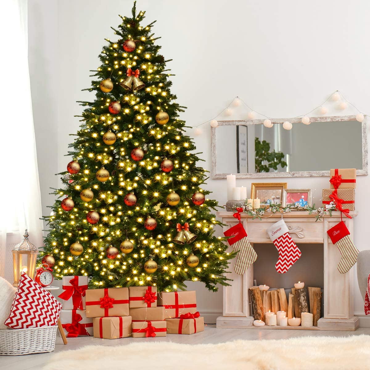 Topbuy 8'PE/PVC Artificial Pine Tree Pre-Lit Christmas Tree w/ 600 LED Lights & Pine Cones