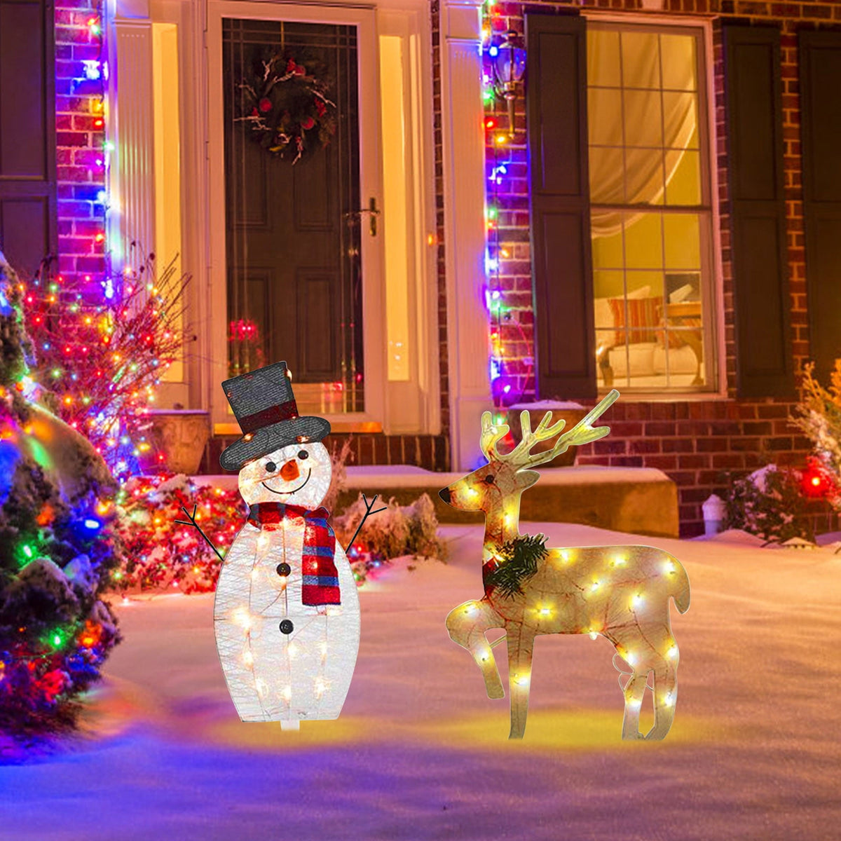 SLYNSHome 2Pcs Christmas Garden Pre-lit Lights LED Light Up Snowman and Deer Christmas Decoration Luminescent Elk Xmas Lamp Decor for Yard Pathway Lawn Patio Christmas Ornament Supplies ()