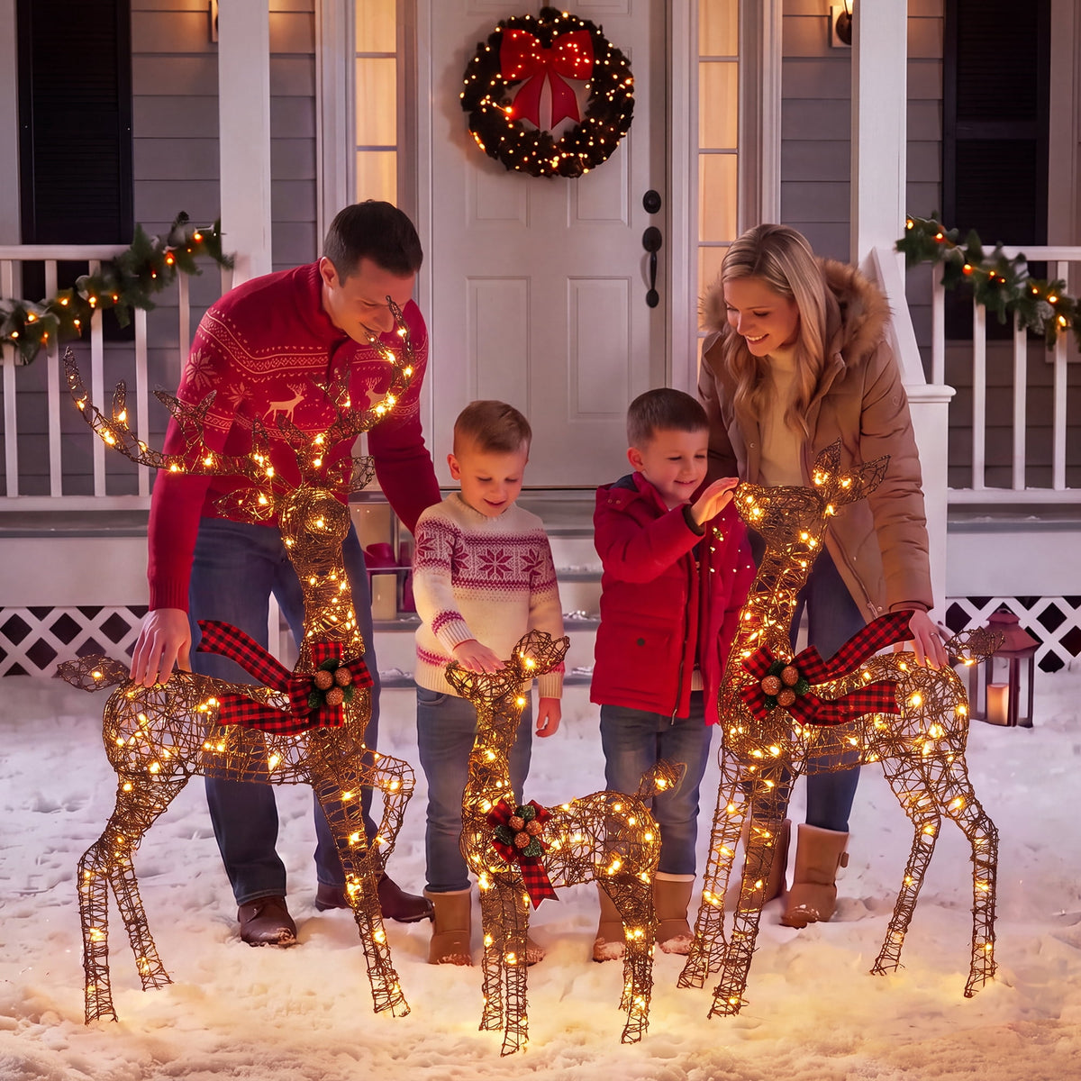 FOOWIN 3-Piece Large Christmas Deer Family, Lighted Outdoor Christmas Decoration, Champagne Gold