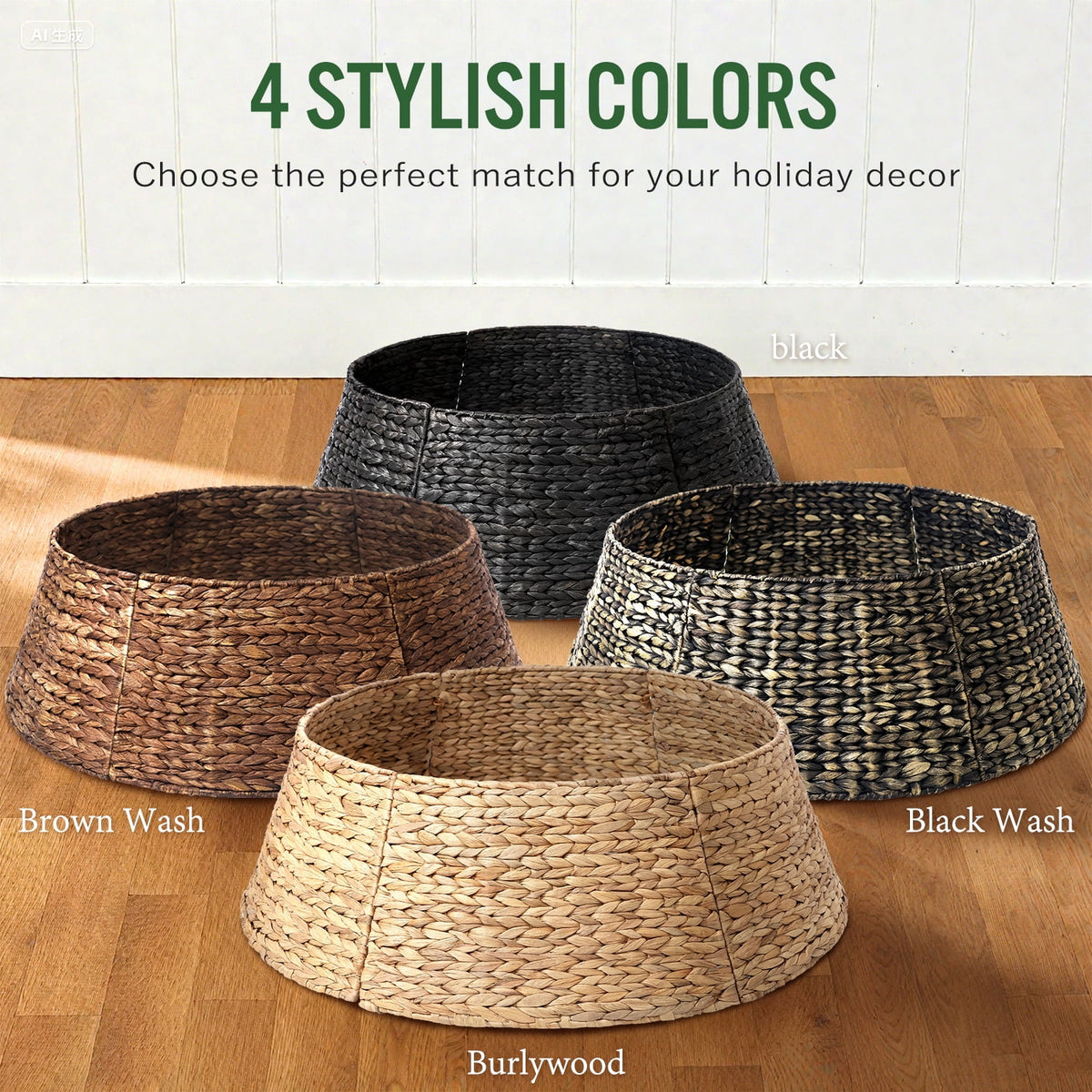 Ayieyill 26in Woven Hyacinth Christmas Tree Collar, Christmas Tree Decorations, Tree Skirt Accessory w/ Cord Cut-Out | Natural