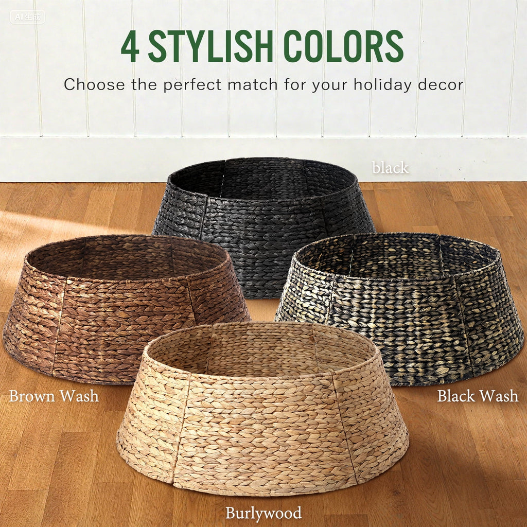 Ayieyill 26in Woven Hyacinth Christmas Tree Collar, Christmas Tree Decorations, Tree Skirt Accessory w/ Cord Cut-Out | Black