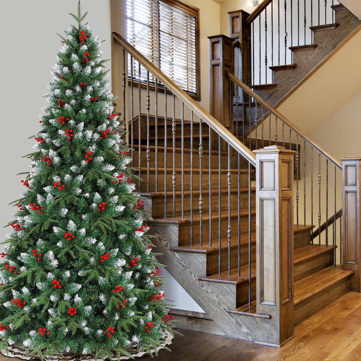 Yexmas 7.5ft Pre-Lit Artificial Christmas Trees,Green Xmas Tree with Large Christmas Tree Storage Bag,Berries, Realistic Artificial Christmas Trees for Home, Office, Party Decoration