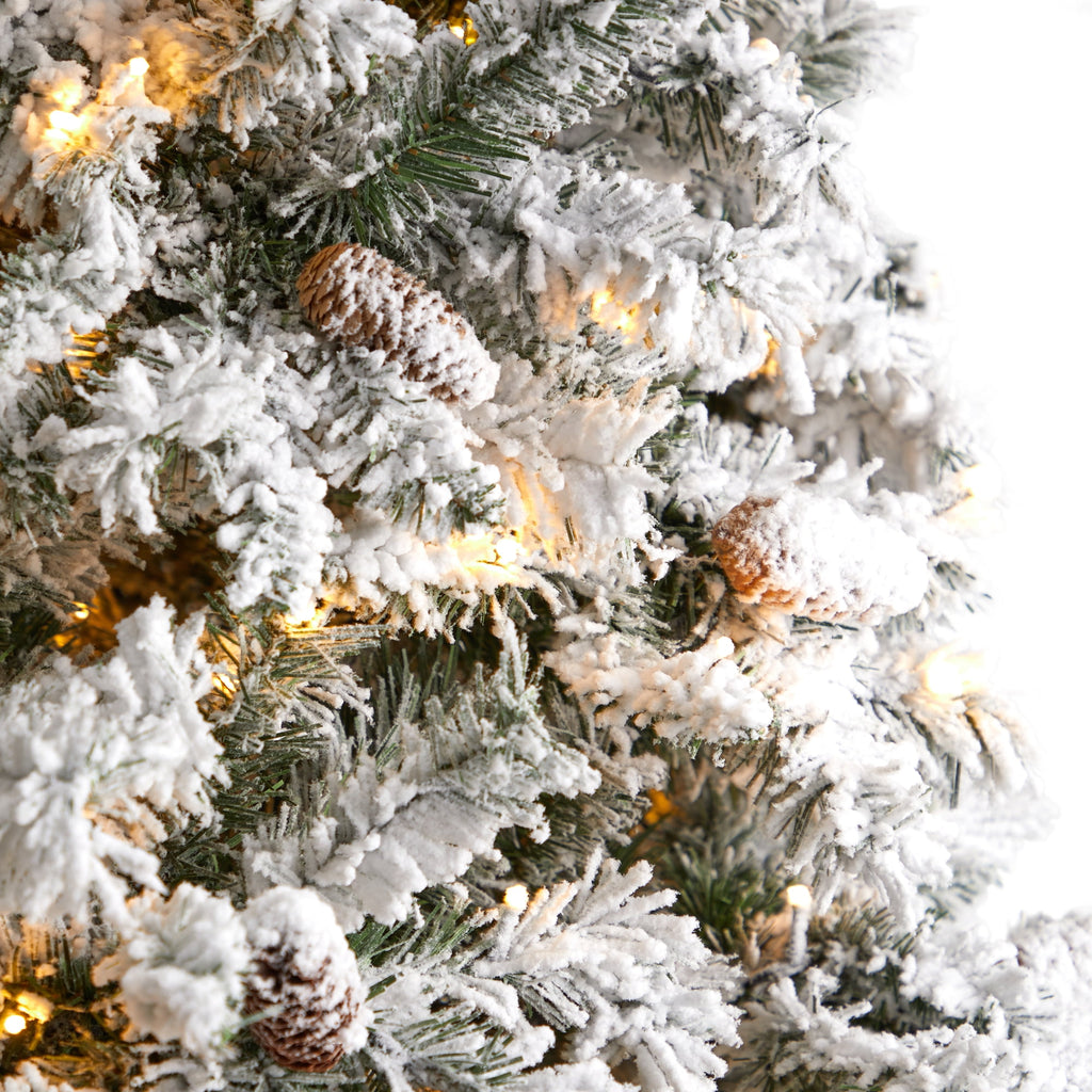 Nearly Natural River Mountain Clear Prelit LED Green Flocked Pine Christmas Tree, with Pinecones 9'