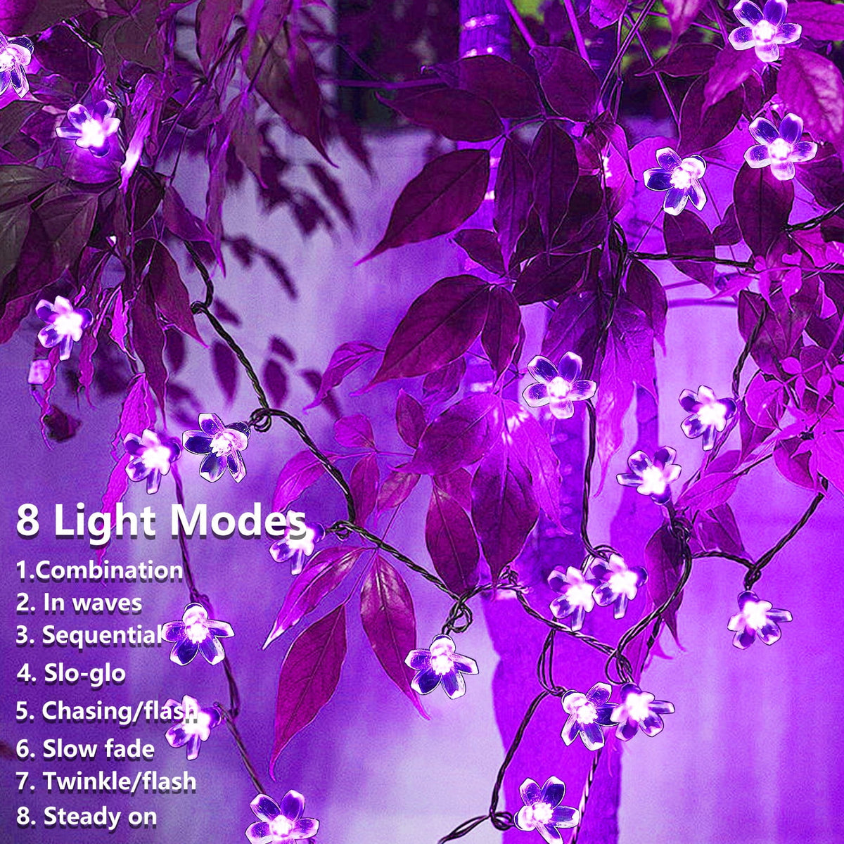 Rirool Cherry Blossom Solar String Lights Outdoor, 23FT 50 LED Flower Fairy Lights with 2 Lighting Modes, IP65 Waterproof Auto On/Off for Garden Patio Wedding Christmas Decor, Multicolor
