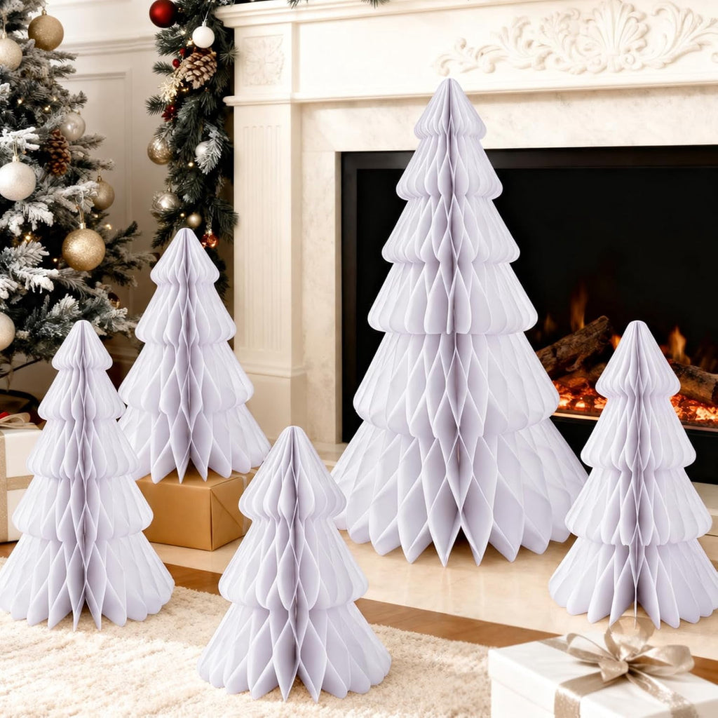 5 Pack Honeycomb Paper Christmas Trees, 3D Christmas Table Centerpieces for Mantel Tabletop Winter Home Decor