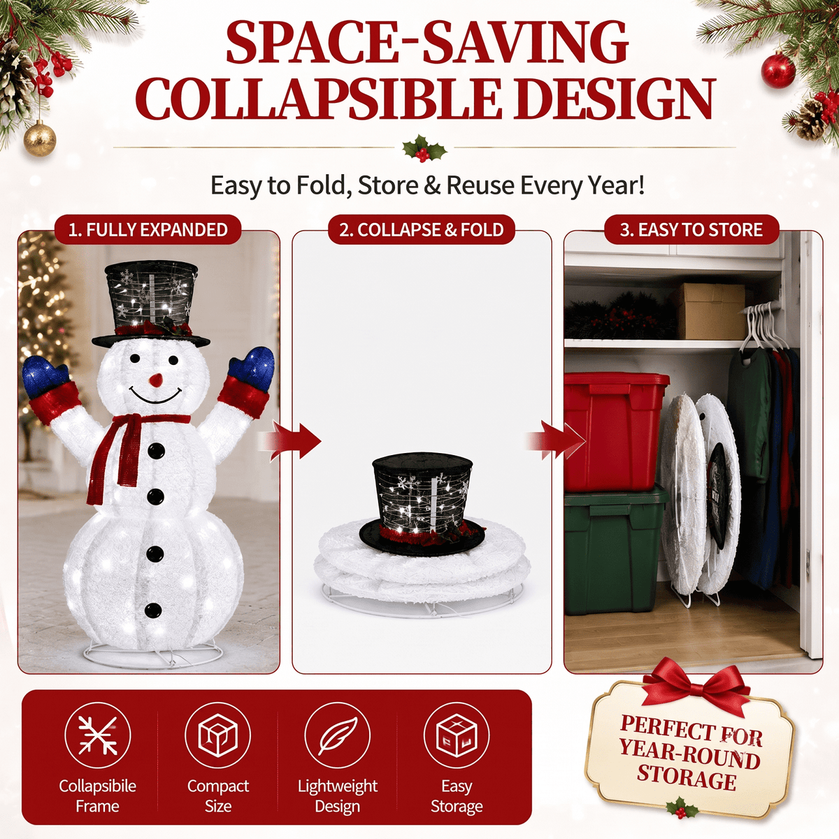 4ft Lighted Christmas Pop Up Snowman, Collapsible Large Velvet Snowman with 120 Cool White LED Lights, Indoor Outdoor Yard Porch Garden Holiday Party Decorations