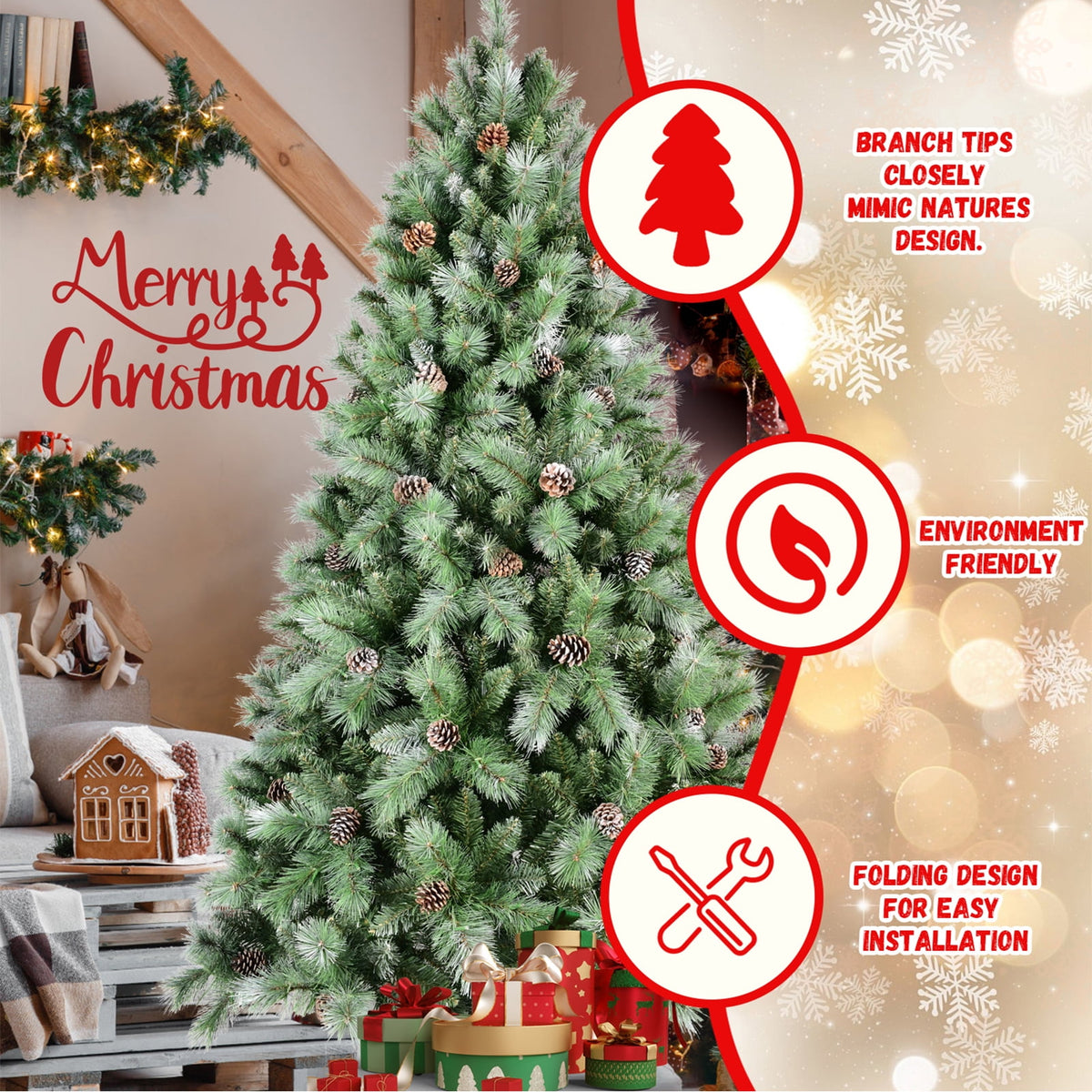 8FT PVC Artificial Christmas Tree White Needles Pine Cones Decor Premium Xmas Tree with 1858 Branch Tips Easy Assemble and Foldable Holiday Xmas Ornaments with Stand for Home Office Party Decoration