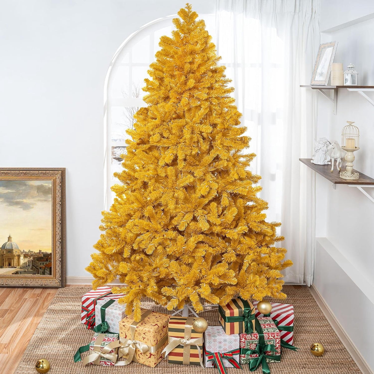 Naomi Home 7.5ft Gold Christmas Tree with Lights, Unique Colored Christmas Tree Prelit with 1412 Branch Tips, 600 Warm Lights and Metal Stand, Aritificial Christmas Tree