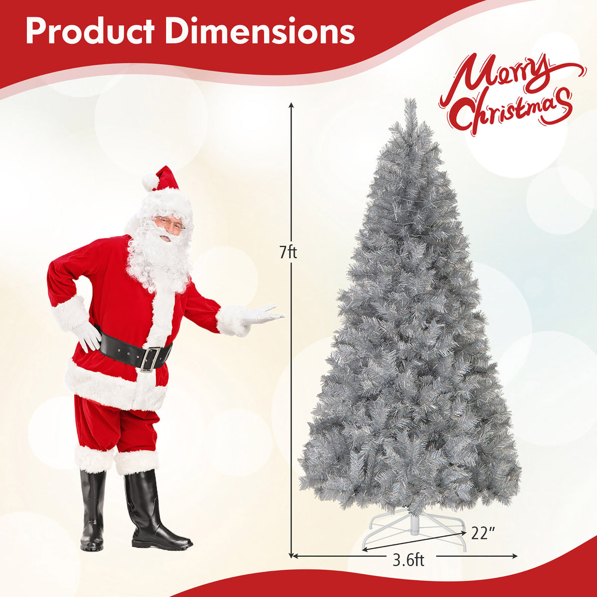 Gymax 7 FT Pre-Lit Artificial Christmas Tree Silver Tinsel Hinged Xmas Tree