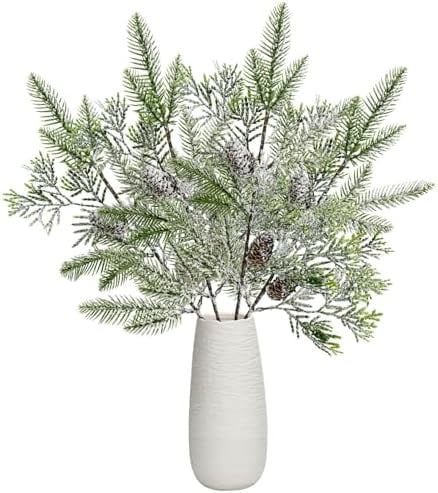 4 Piece Artificial Pine Needle Branches 15.7 Inch Snowy Frosted Greenery with Pinecones for Winter Christmas Tree Decor White