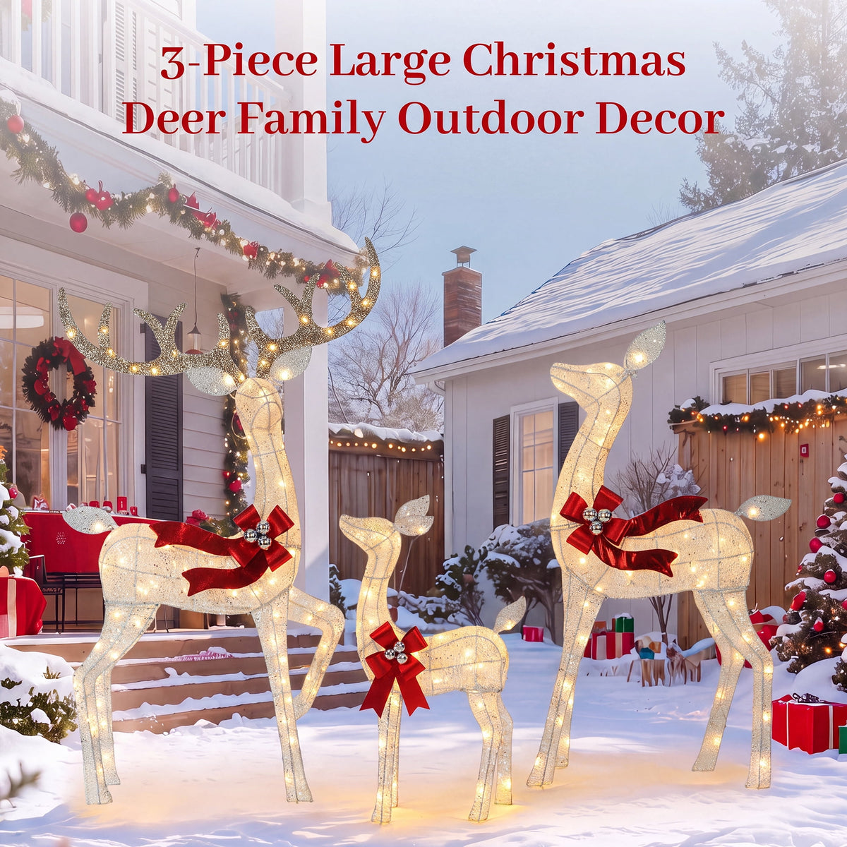 FOOWIN 3-Piece Large Christmas Deer Family, Lighted Outdoor Christmas Decoration, Champagne Gold