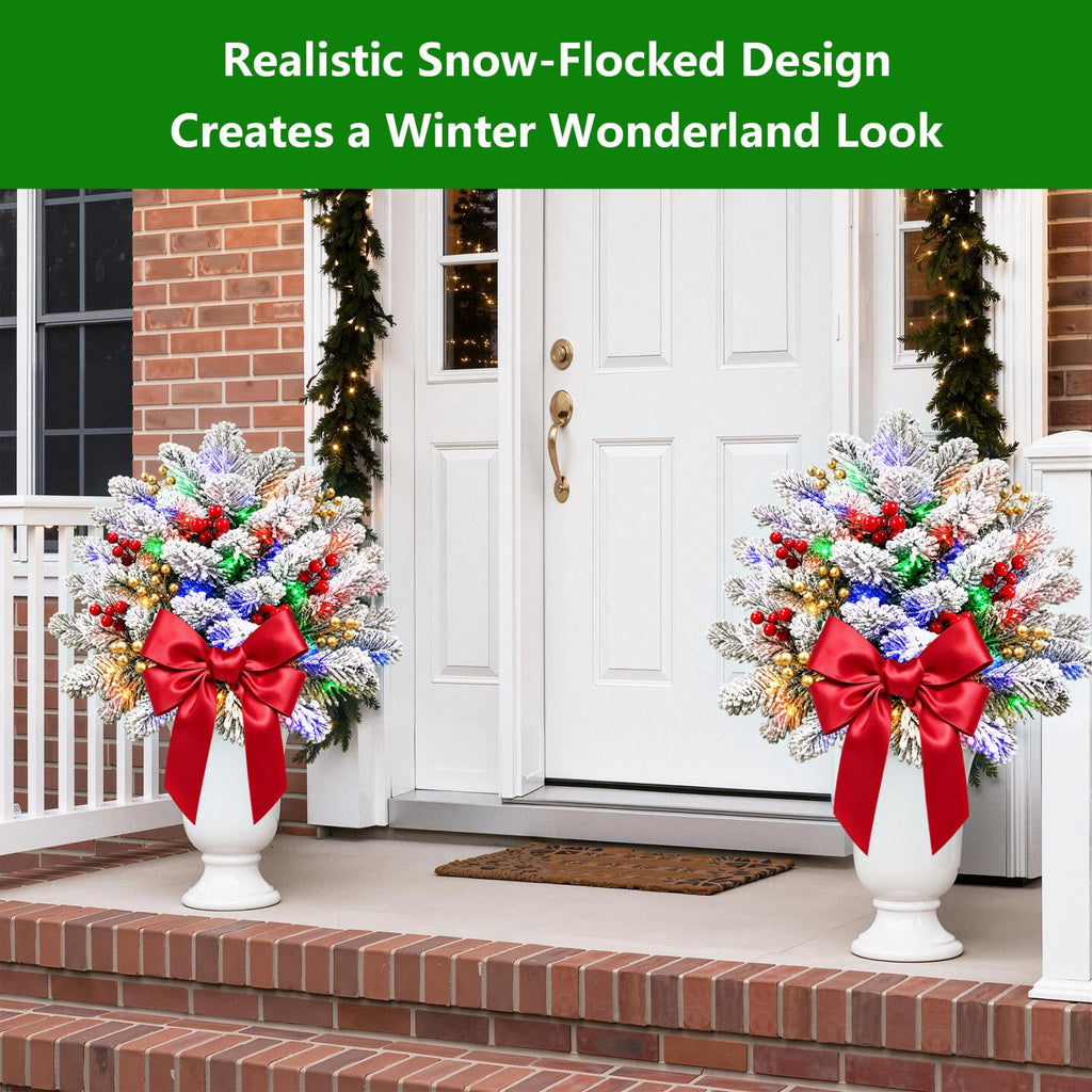 2PK Prelit Outdoor Christmas Trees Christmas Urn Pot Filler Snow Flocked Lighted Christmas Trees with 100 LED Warm White/Colorful Lights Timer 8 Modes for Front Door Porch Christmas Decoration