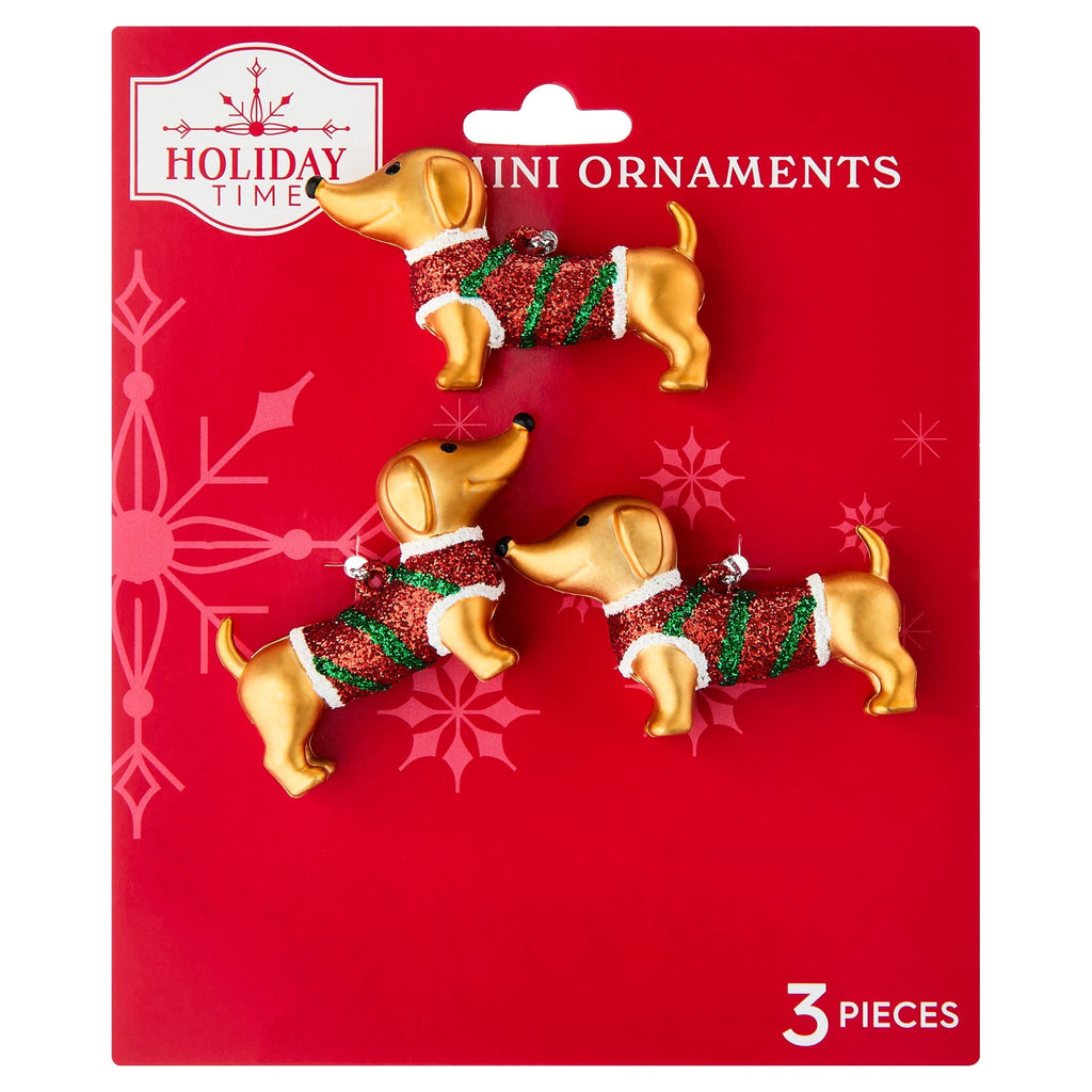 3-Count Gold/Red/Green Dachshund Dog Mini Christmas Ornaments, 1.5", by Holiday Time
