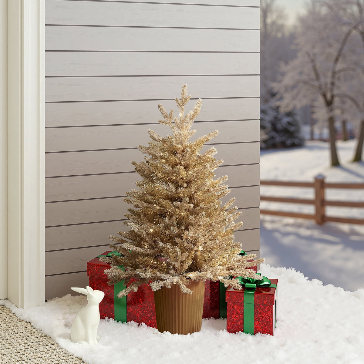 3Ft Gold Branches Artificial Christmas Tree with Battery-Op Lights & Gold Pot