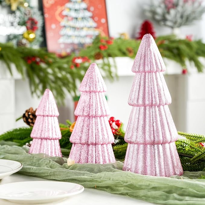 3Pcs Artificial Christmas Tree Decorations Glittering Foam Tabletop Xmas Tree Modern Christmas Centerpiece Decor for for Table Mantel Home Holiday Party Decor(Pink)