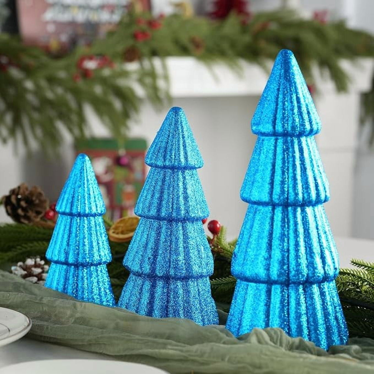 3Pcs Artificial Christmas Tree Decorations Glittering Foam Tabletop Xmas Tree Modern Christmas Centerpiece Decor for for Table Mantel Home Holiday Party Decor(Blue)