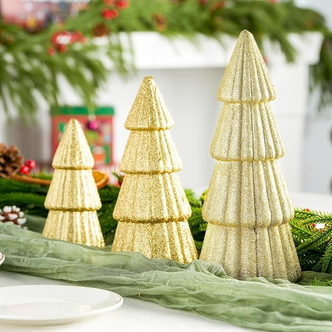 3Pcs Artificial Christmas Tree Decorations Glittering Foam Tabletop Xmas Tree Modern Christmas Centerpiece Decor for for Table Mantel Home Holiday Party Decor(Gold)