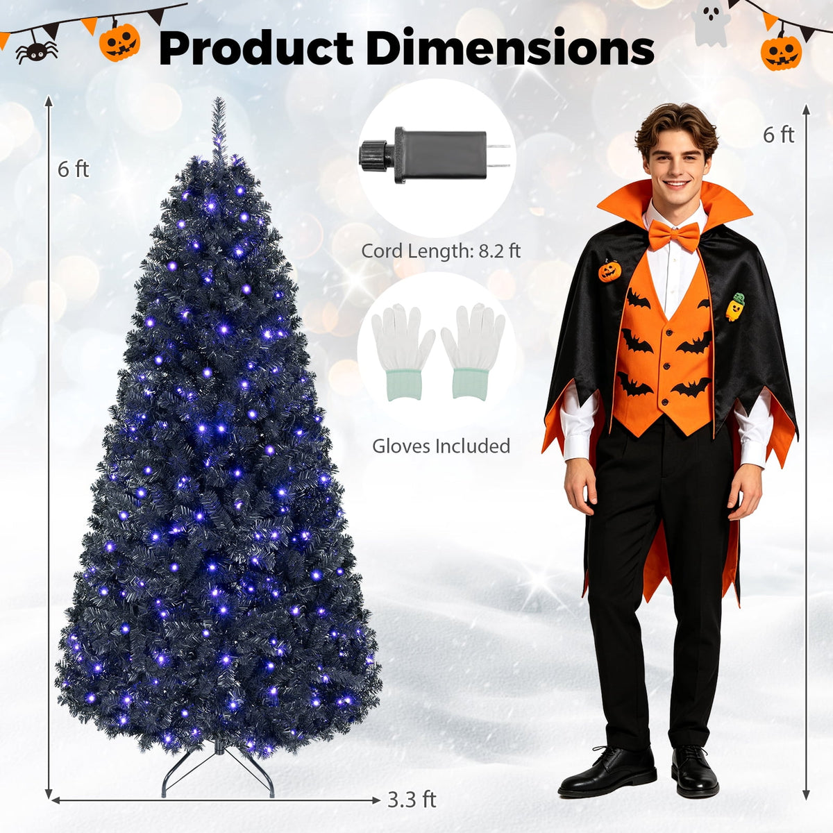 Gymax 6 FT Pre-Lit Black Halloween Christmas Tree Full Artificial Hinged Tree
