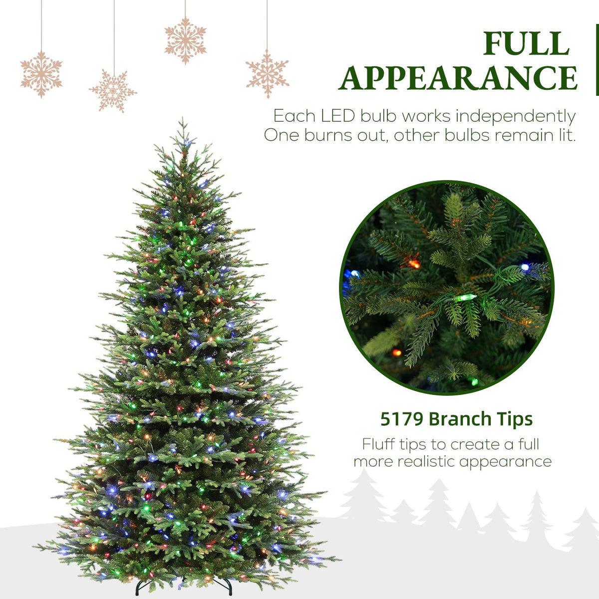 VIVATREES 7.5ft Pre-lit Artificial Christmas Tree Frasier Fir w/ 3325 PVC PE Hinged Branch Tips 450 Multi Color LED Lights Foldable Base