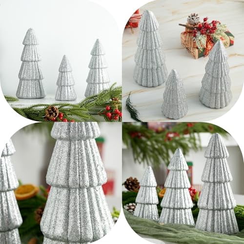 3 Piece Silver Glitter Artificial Christmas Tree Decorations Foam Tabletop Trees for Mantel and Holiday Party Decor