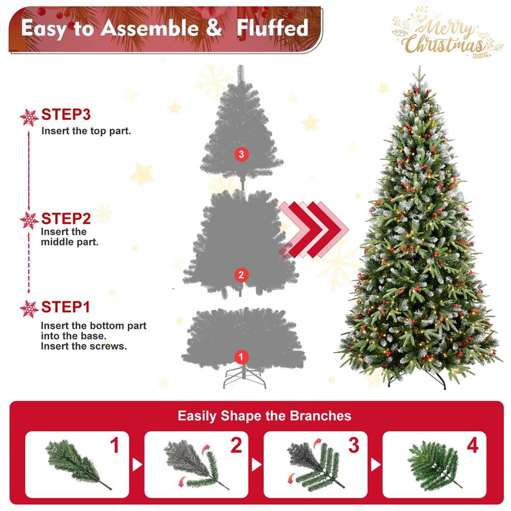 Topcobe Premium Artificial 7ft Green LED Christmas Tree, Foldable Base, Mixed Branch Tips, Red Fruits & Pine Cones for Indoor Holiday Decorating