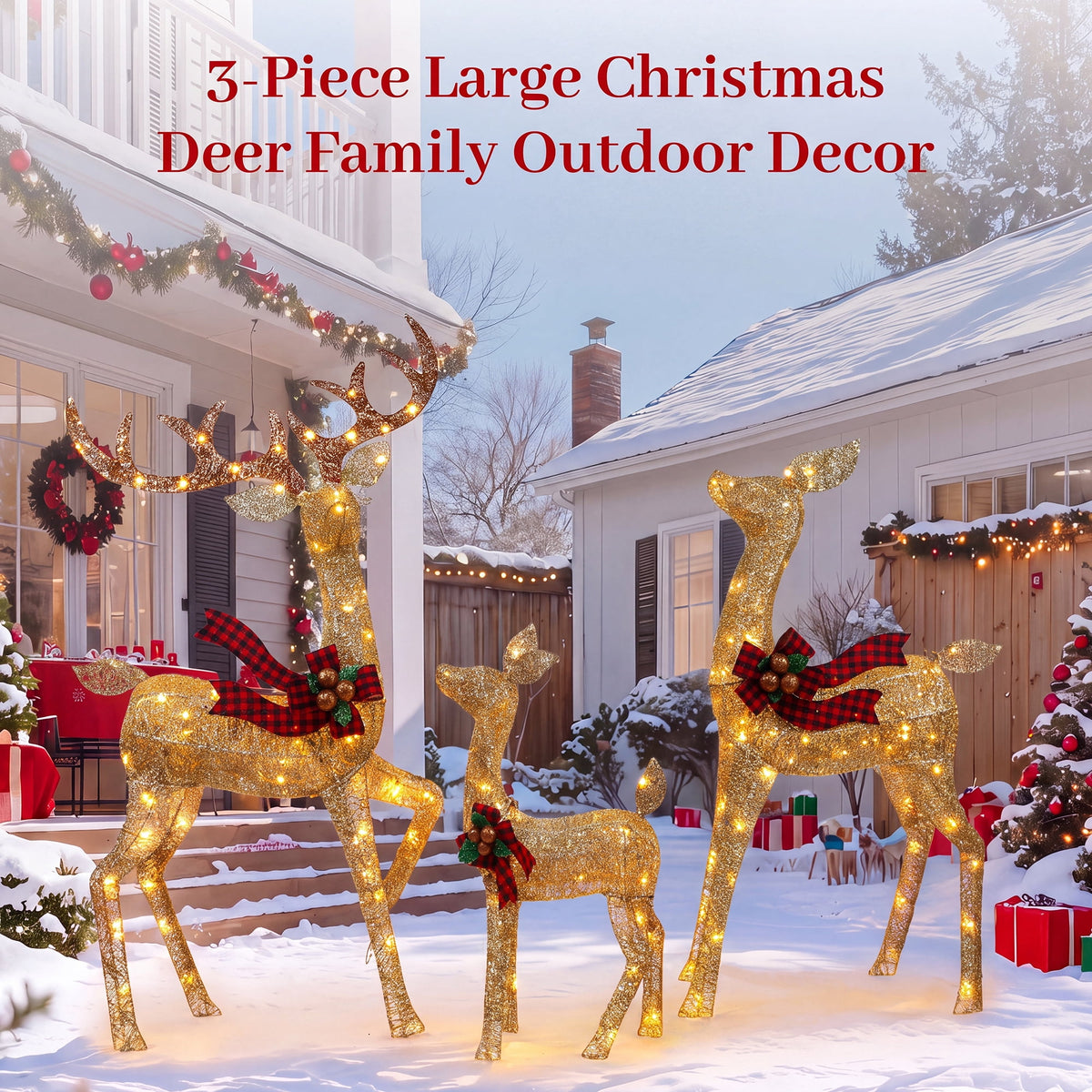 FOOWIN 3-Piece Large Christmas Deer Family, Lighted Outdoor Christmas Decoration, Champagne Gold