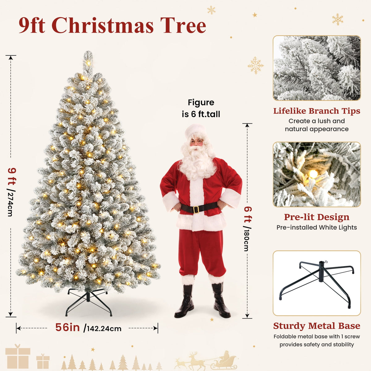 Lolsea 7ft Prelit Snow Flocked Artificial Holiday Christmas Tree w/ Warm White Lights, Foldable Stand, Full Snow Branch Tips