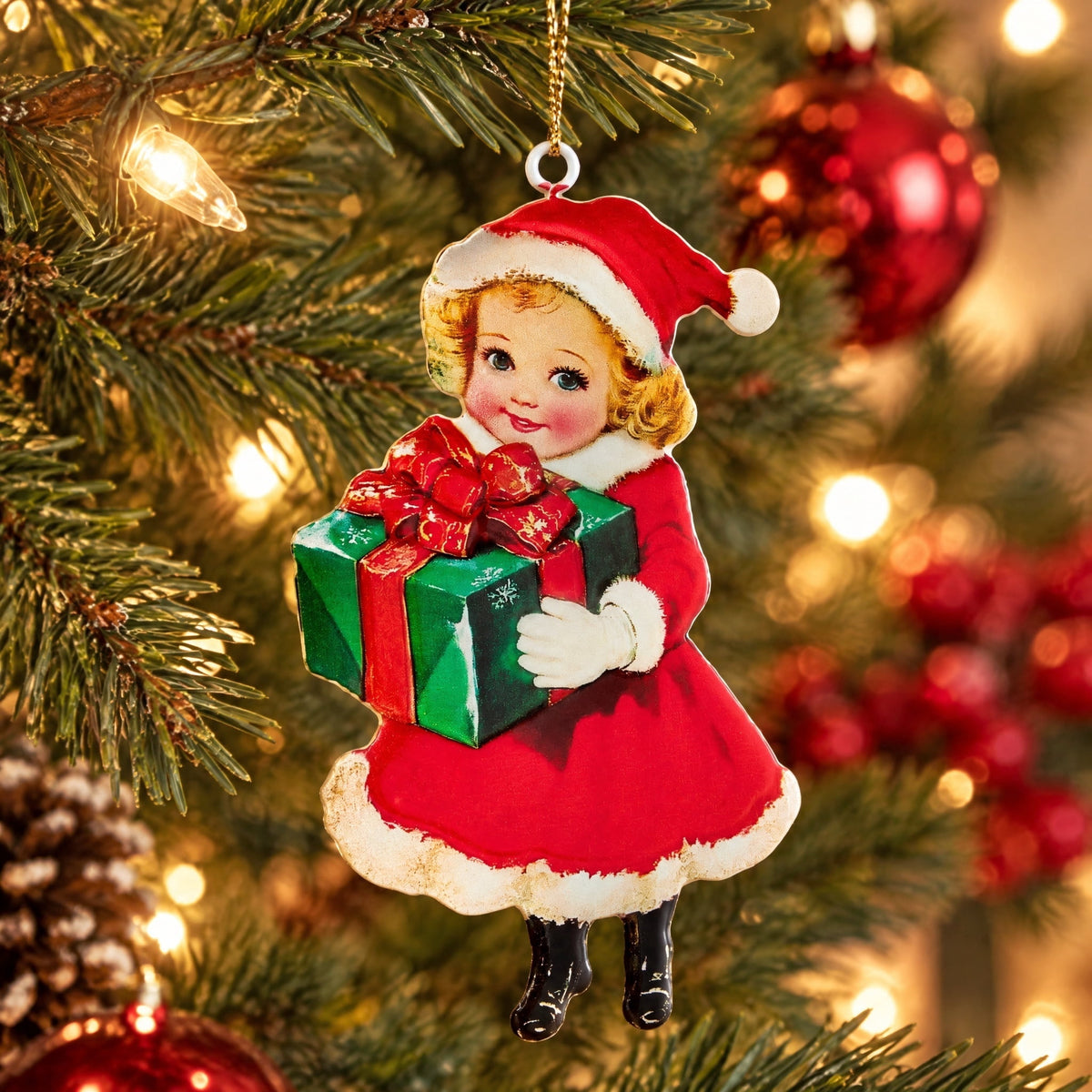 Multicolor Metal Girl with Present Christmas Ornament, 6.3", by Holiday Time