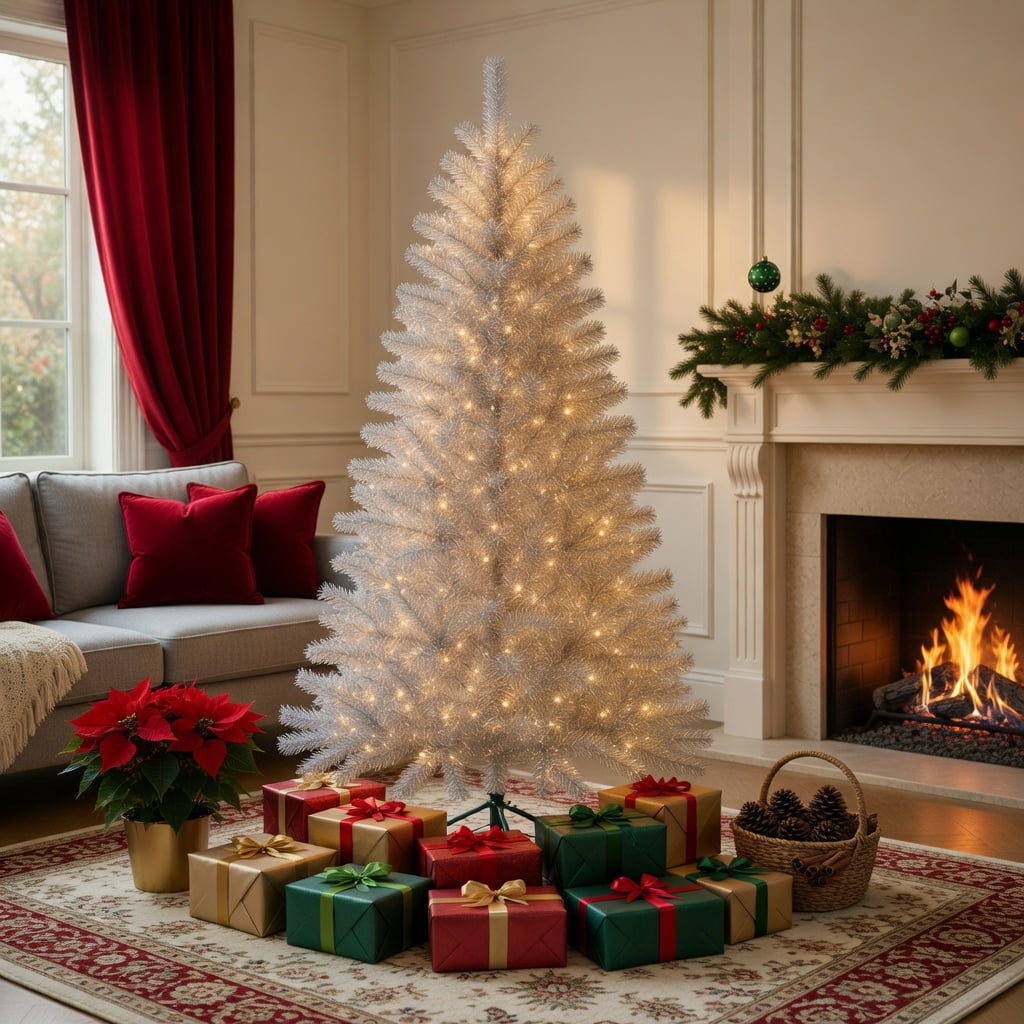 Resenkos 6-Ft Artificial Christmas Tree with Warm White LED Lighting - Silver