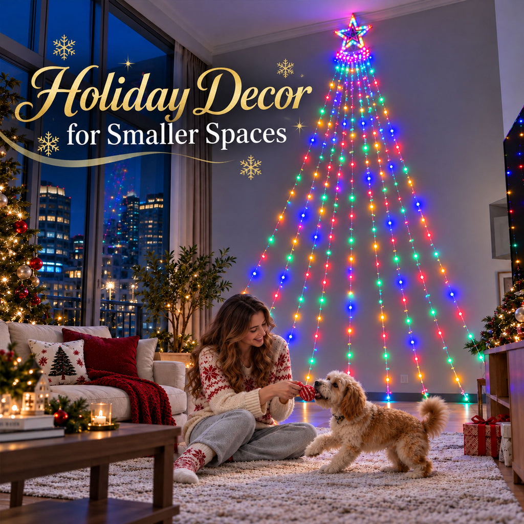 Qunler Outdoor Christmas Decoration Lights, 8 Modes & 350 LED Christmas Waterfall Fairy Tree String Lights Indoor Outdoor Holiday Lighting Decorations, Multicolor, Plug-in