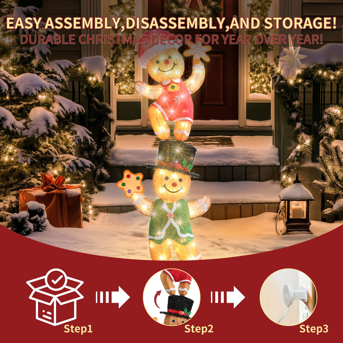 DEORAB 2-Pieces Outdoor Christmas Gingerbread Man lghting Decorations Xms Indoor Yard Garden Lawn Holiday Festive Light-up Decor, 70 LED Lights