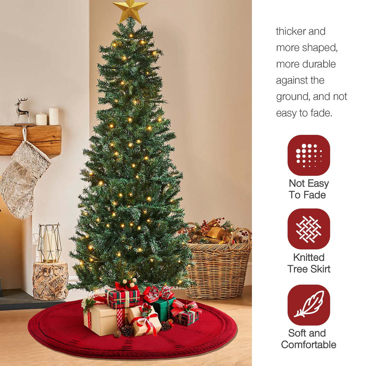 Ayieyill Christmas Tree Skirt, 48 inches Cable Knit Knitted Thick Rustic Xmas Tree Skirts Decoration, Red Tree Skirt Christmas Decoration, Burgundy