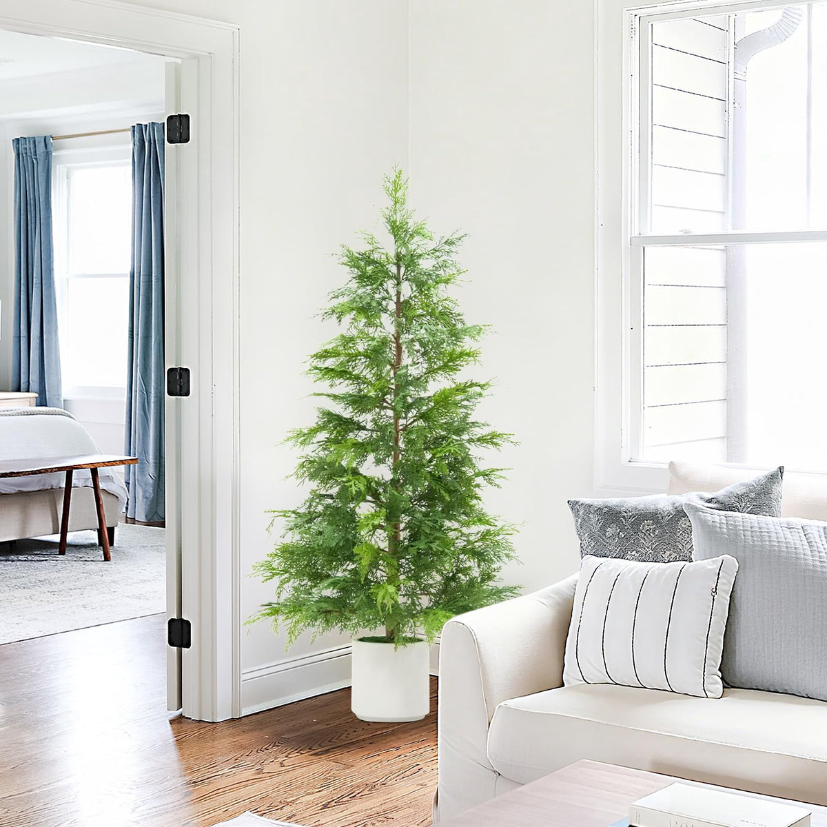 2 Pack 4Ft Artificial Cedar Topiary Trees for Front Porch Decor, Artificial Christmas Tree, Uv Rated Potted Plants, FauxPlants for Entryway, Living Room, Office, Apartment