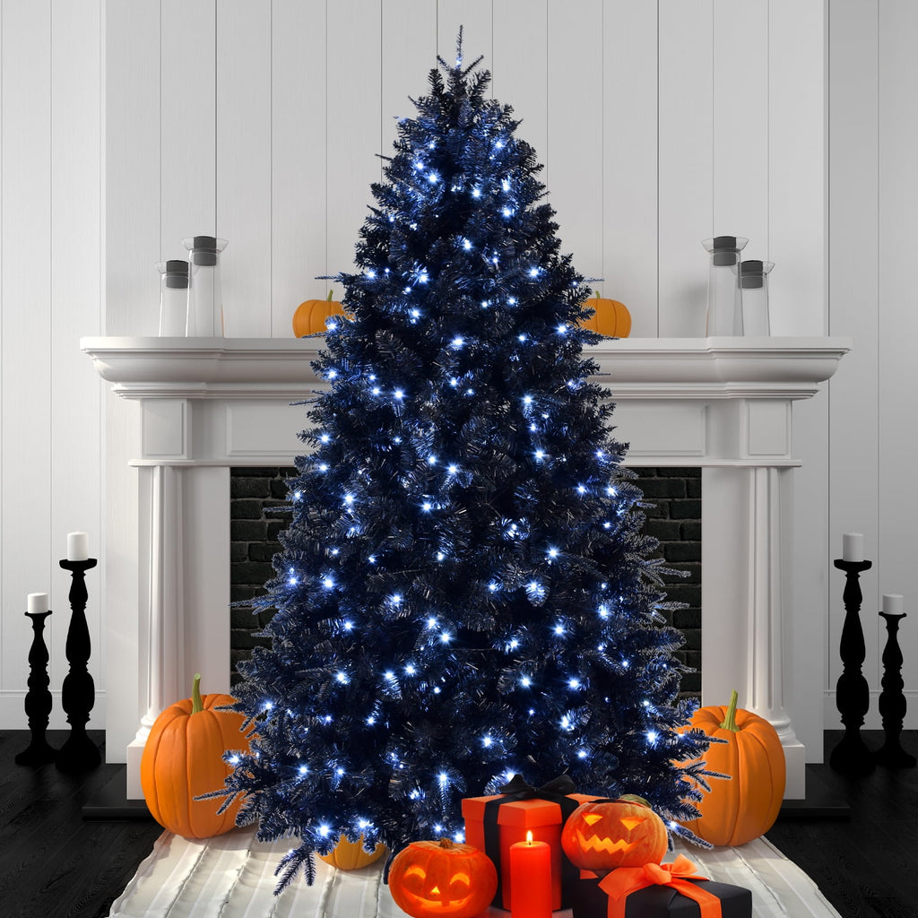 Artificial 7.5ft Black LED-lit Christmas Tree with 2156PE/PVC Mixed Branch Tips,Hinged Premium & Foldable Base for Indoor Holiday Decorating