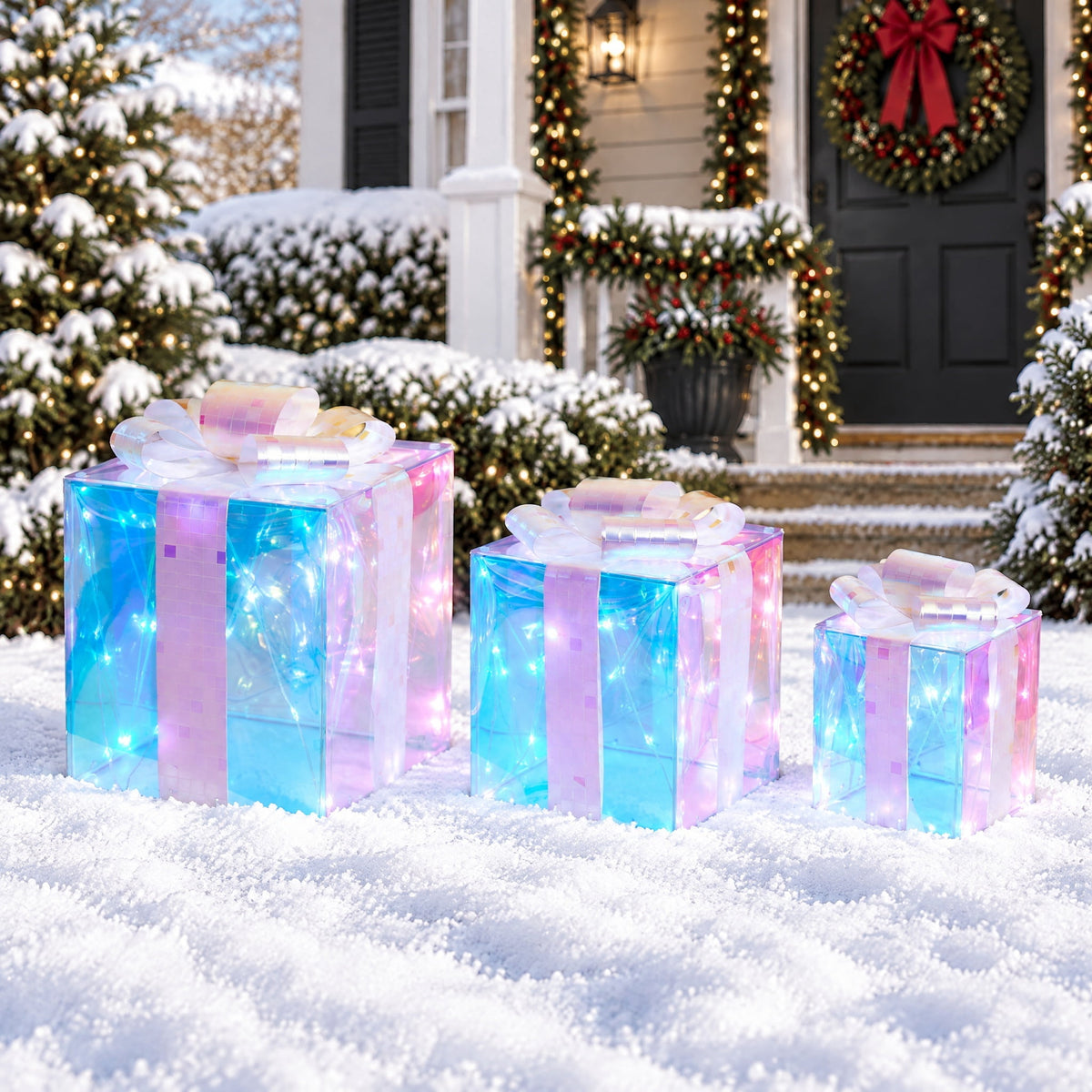 Indoor/Outdoor Light-Up Prismatic Gift Boxes Christmas Decorations with 80 LED Lights, Cool White, Set of 3, by Holiday Time