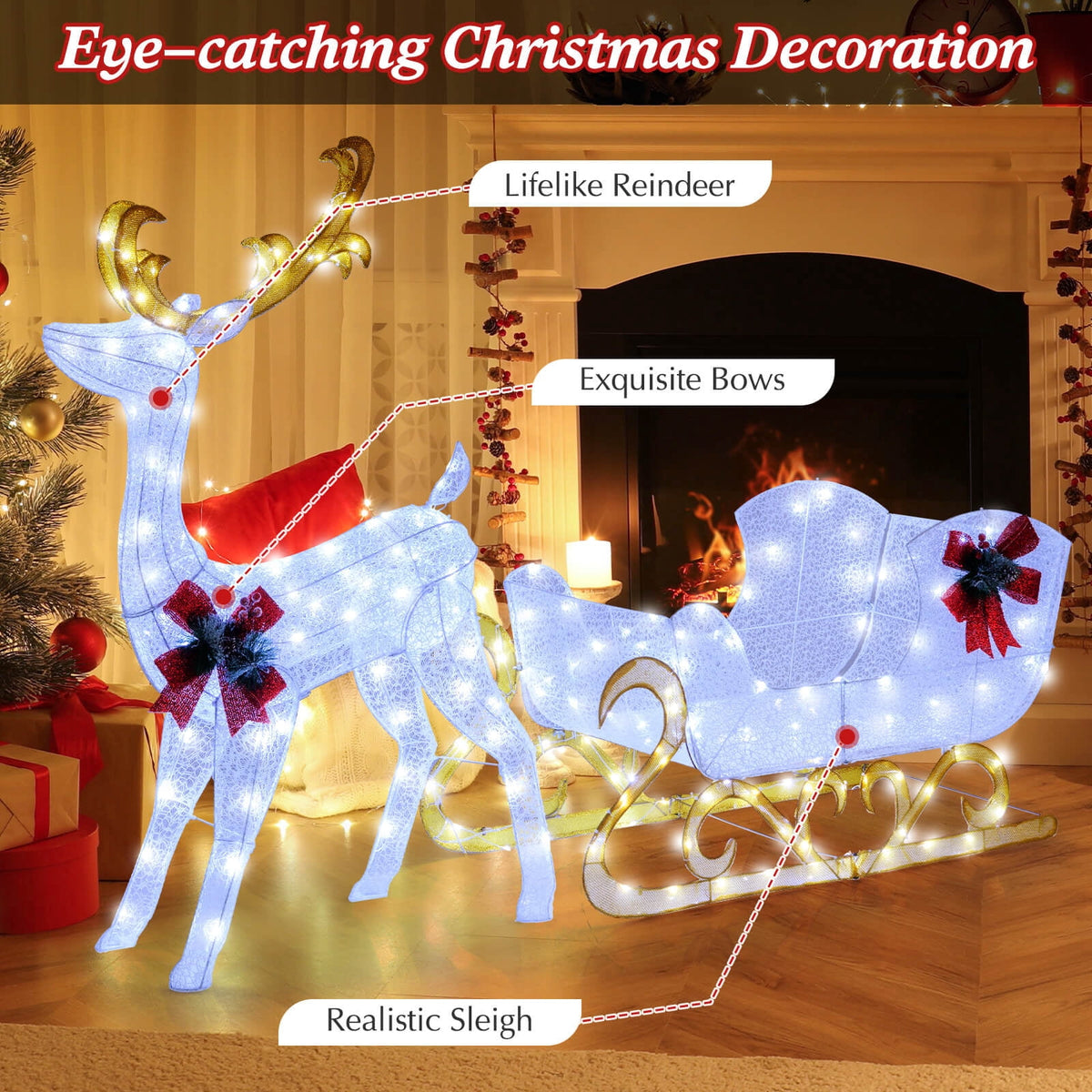 Costway 6 FT Christmas Lighted Reindeer & Santa's Sleigh W/ 215 LED Lights & 4 Stakes Gold
